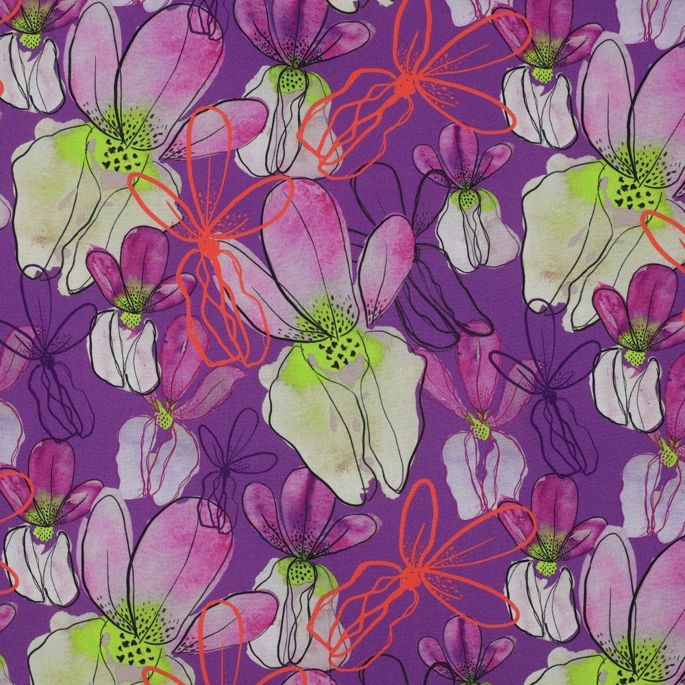 100% Viskosestoff LENZING™ ECOVERO™-Blumen auf lila Hintergrund 110 g/m²