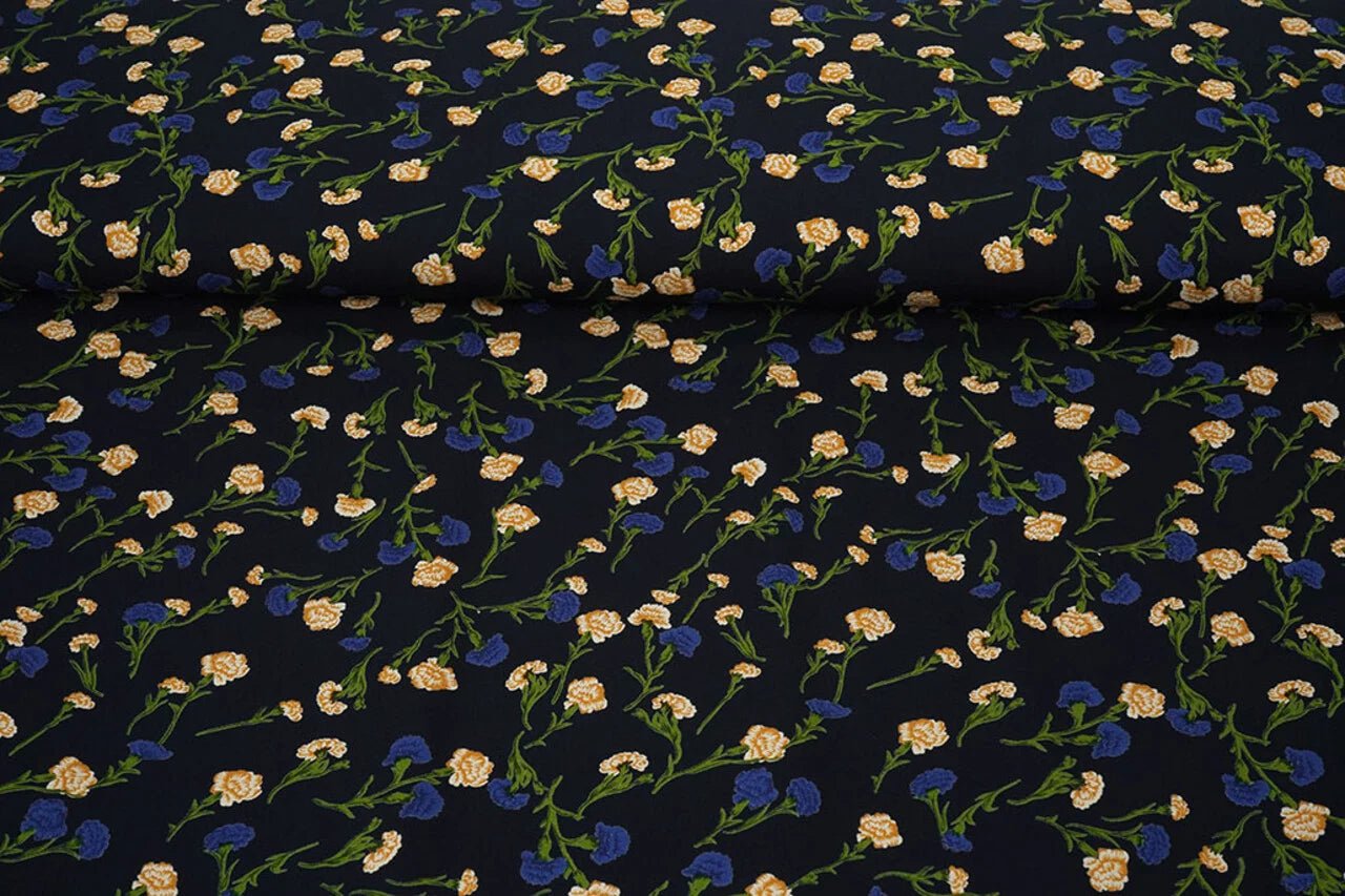 Image of 100% viscose fabric - delicate blue flowers 135 g/m² – available at Šarlotes audumi