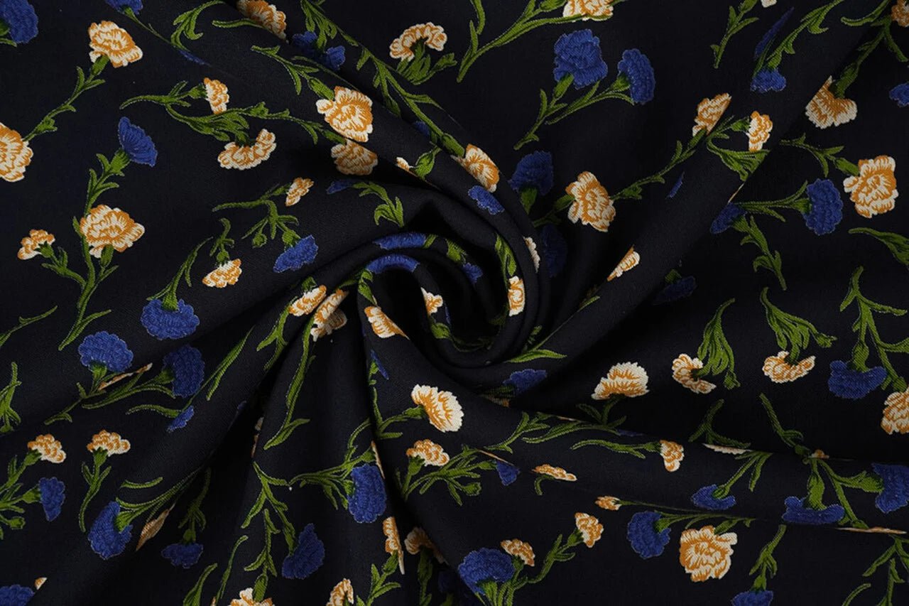 Image of 100% viscose fabric - delicate blue flowers 135 g/m² – available at Šarlotes audumi