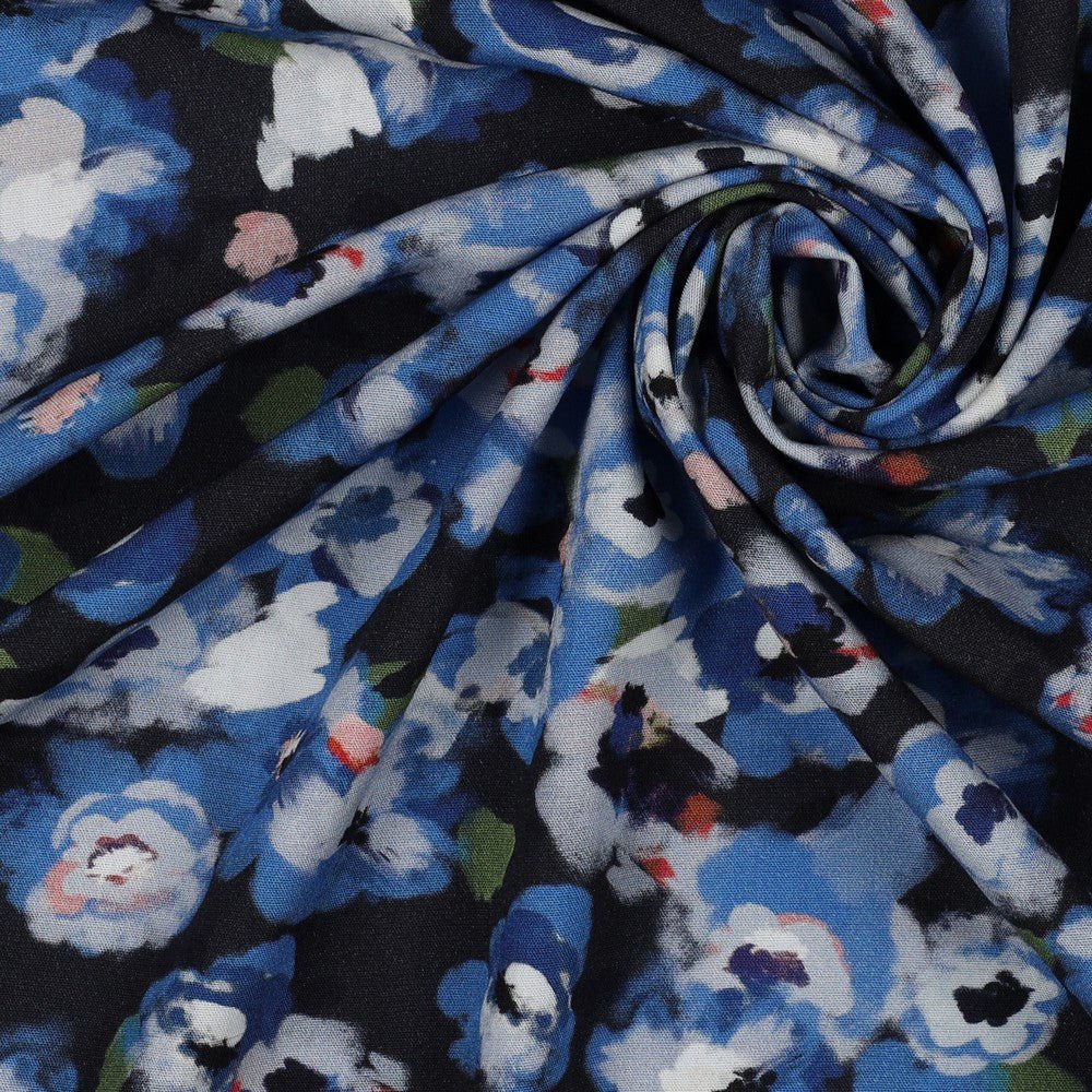 Tissu 100 % viscose - motif floral bleu 135 g/m²