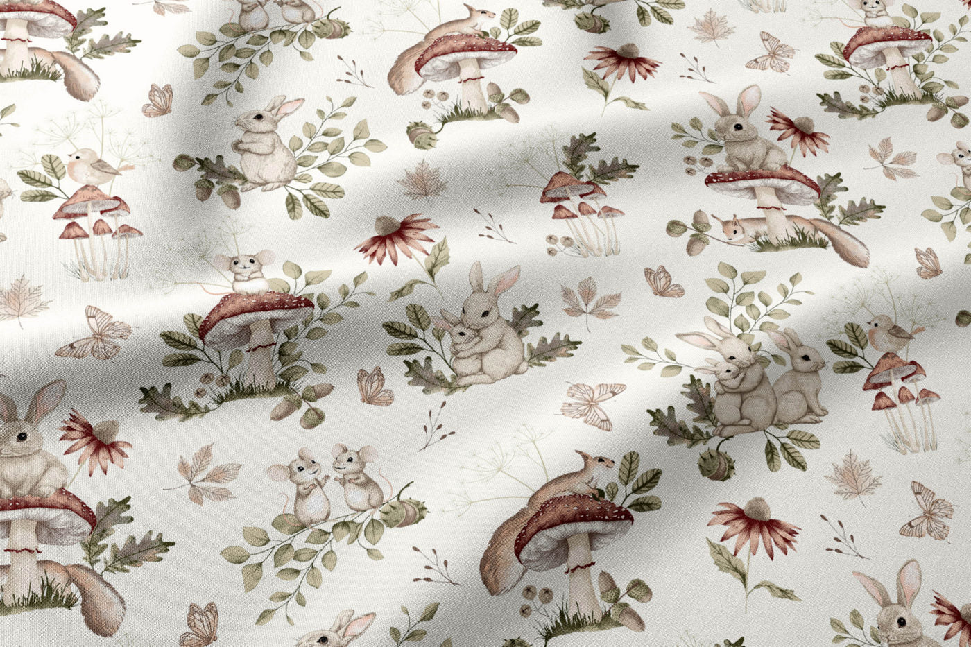 100% Cotton Fabric - Mushrooms and Forest Animals