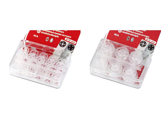 Piešujamas caurspīdīgas plastmasas spiedpogas – 7 mm, 10 mm, 13 mm un 15 mm