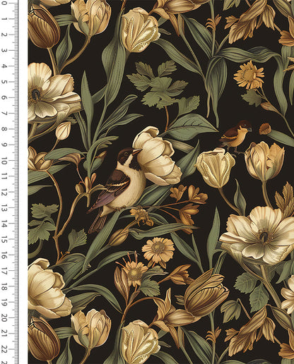 Warm jersey knit, Alpenfleece fabric with romantic flowers and birds