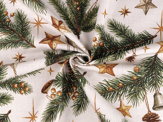 Canvas Fabric - Spruce Branch with Decorations