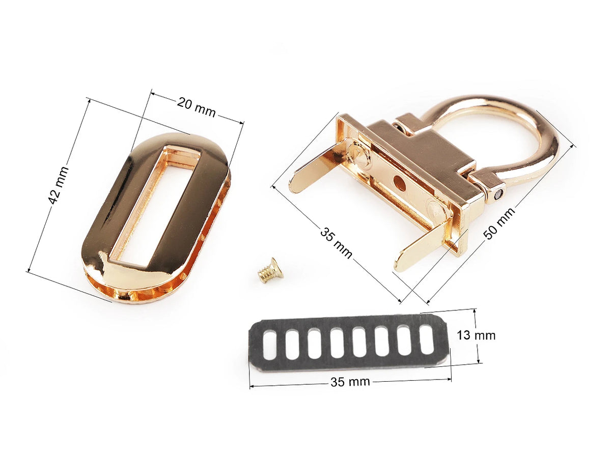 Metallinen laukkusalpa / lukko 20 × 42 mm – kullanvärinen