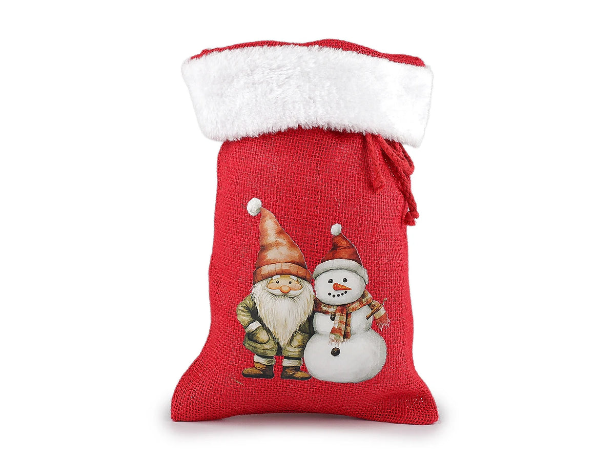 Juuttinen joululahjapussi pörröisellä reunuksella – 20 × 30 cm