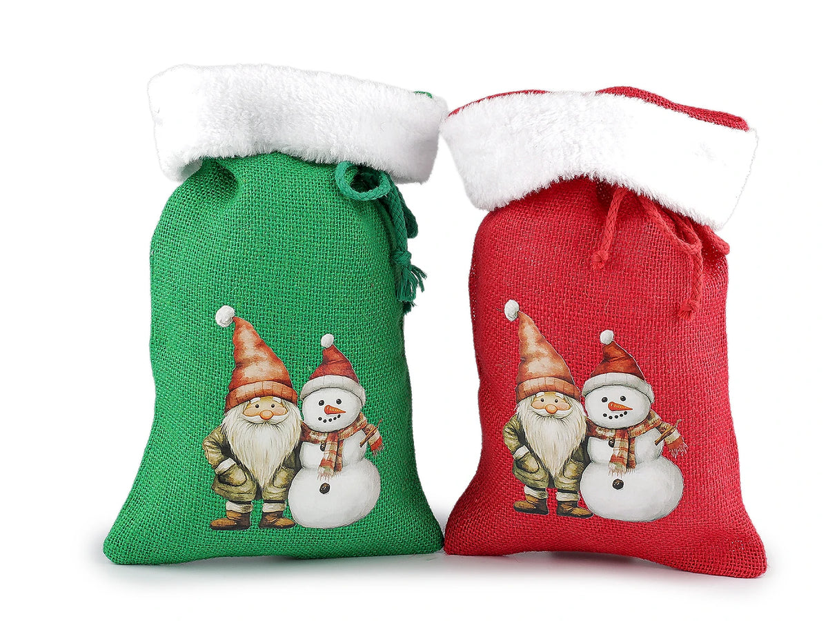 Juuttinen joululahjapussi pörröisellä reunuksella – 20 × 30 cm