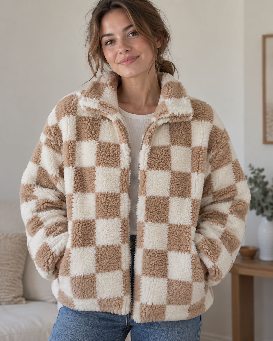 Teddy-fleece, beiget ruudut