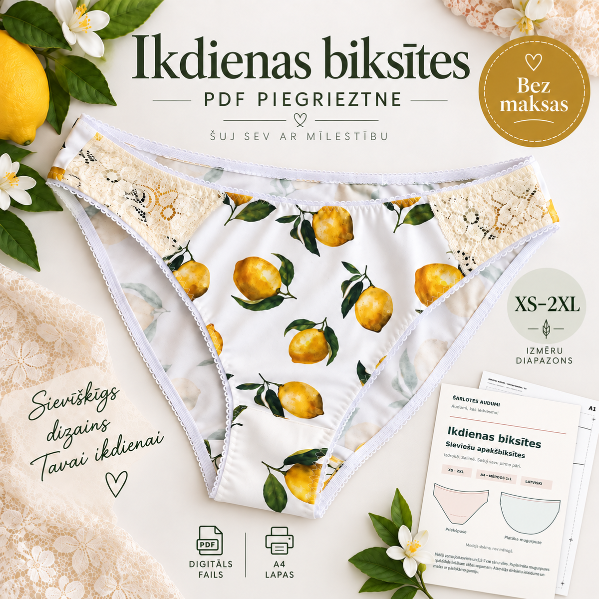 BEZMAKSAS sieviešu apakšbiksīšu piegrieztne PDF | XS–2XL