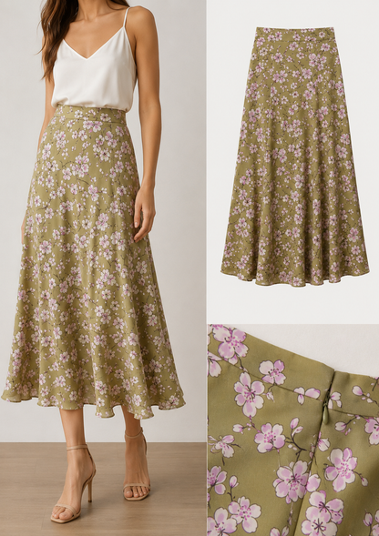 100% Viscose Fabric - Cherry Blossoms on a Pistachio Green Background 100 g/m²