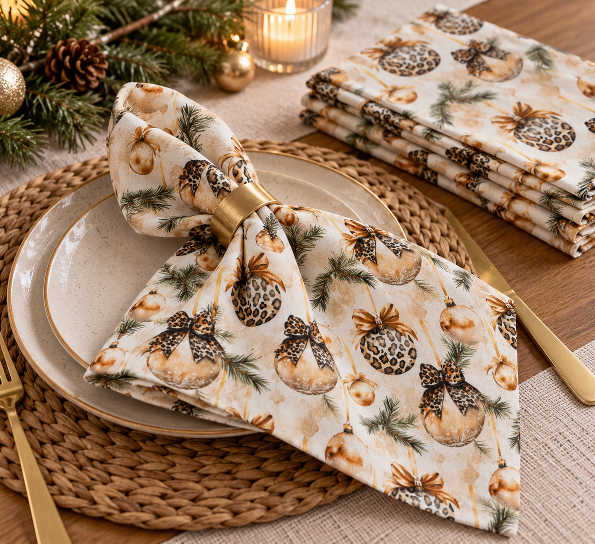 Premium 100 % puuvillakangas – jouluiset leopardikuviot