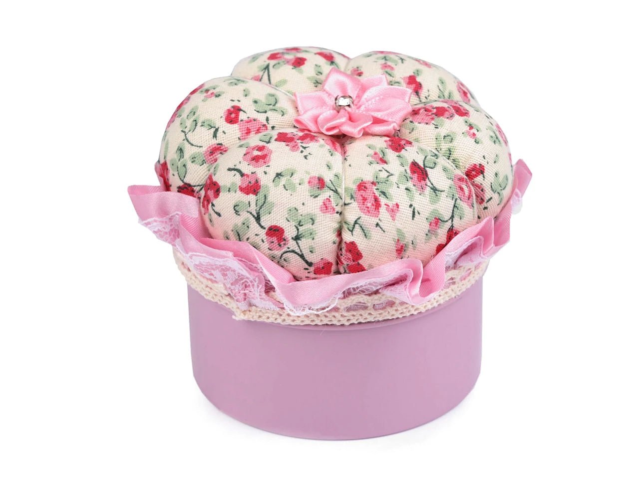pin cushion - pin holder in a box - pink flowers