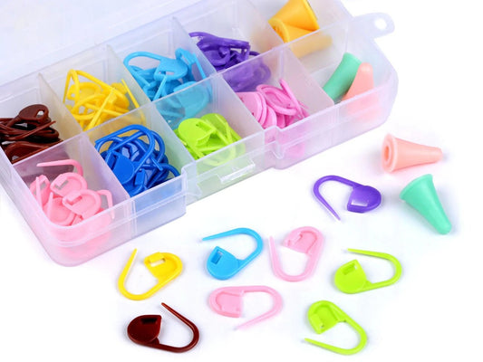 Set of knitting and crochet markers in a box