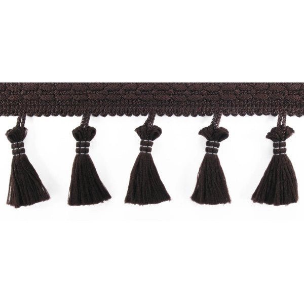 Image de ruban à franges avec pompons 55 mm - marron foncé – disponible chez Šarlotes audumi