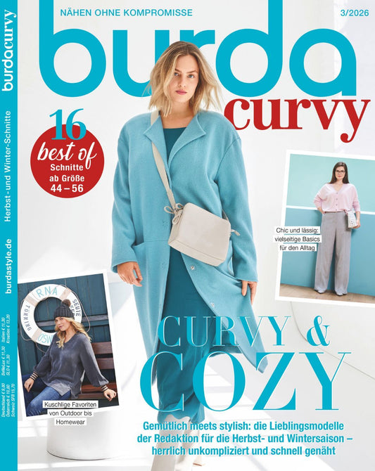 Attēls ar Burda Curvy 3/2026 – šūšanas žurnāls ar piegrieztnēm, vācu valodā – pieejams internetā Šarlotes audumi