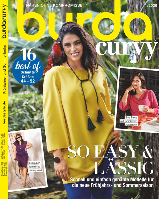 Image with Burda Curvy magazine 1/2026 – pattern sizes 44–52 | Sewing magazine in German – available at Šarlotes audumi