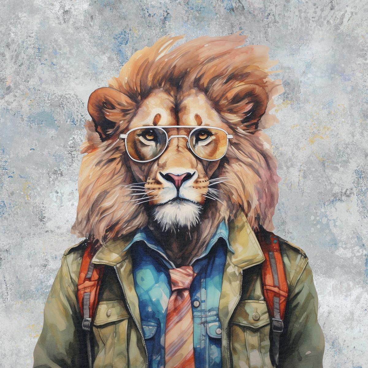 Image of a loop-knit panel - a royal lion with stylish glasses 250 g/m² | Design - 01 – available at Šarlotes audumi