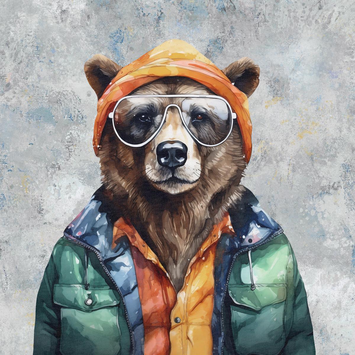 Image of loop-knit panel - the stylish forest bear in a cyberpunk-style jacket 250 g/m² | Design - 01 – available at Šarlotes audumi