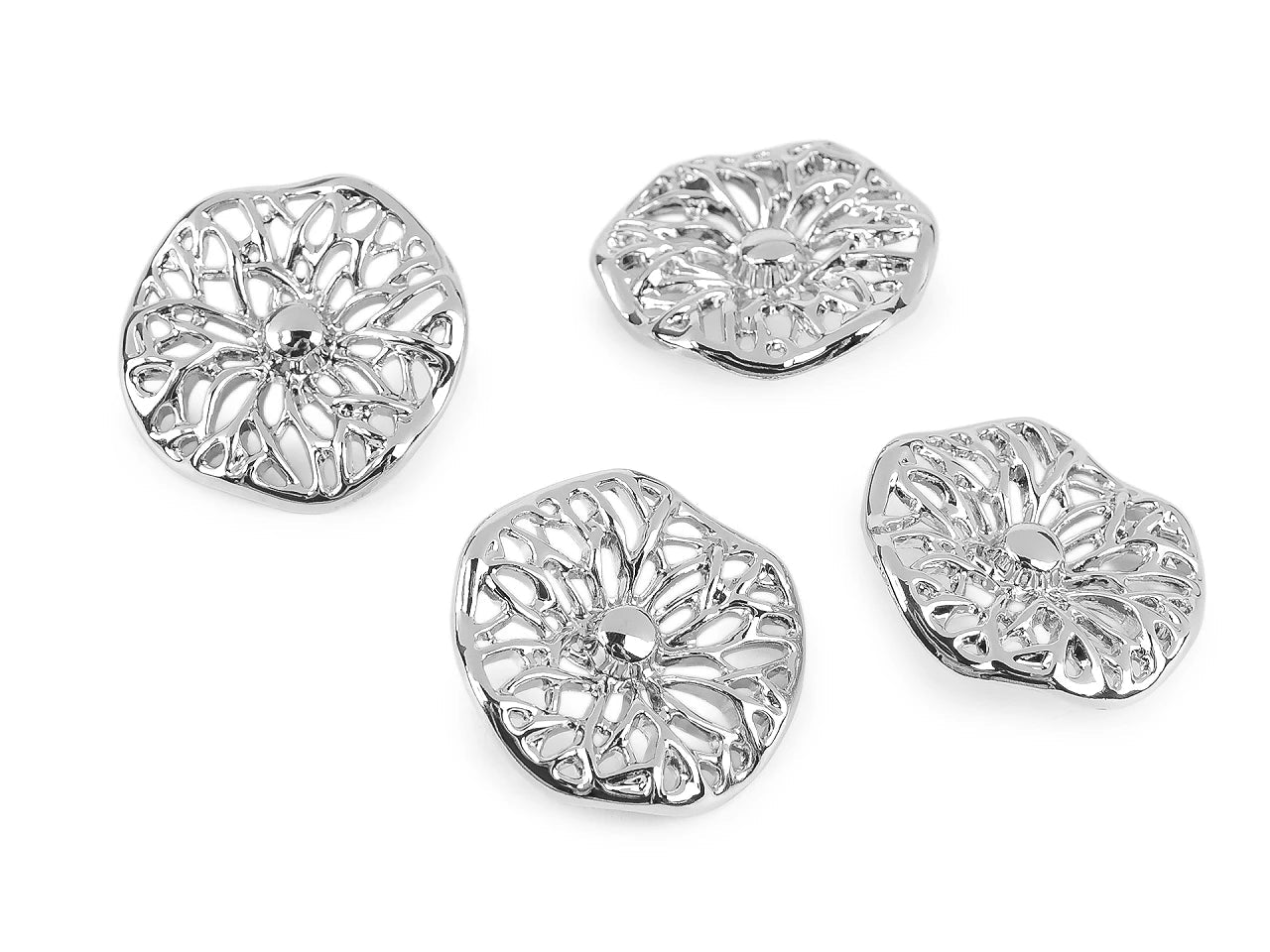 Decorative metal button with openwork floral pattern – 38 mm, silver or gold – available online at Charlotte's Fabrics
