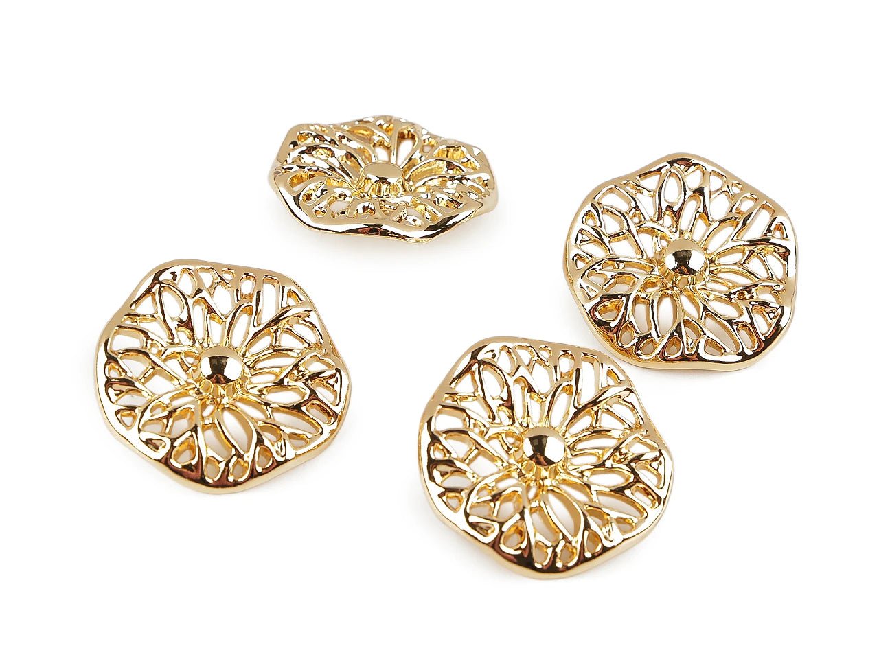 Decorative metal button with openwork floral pattern – 38 mm, silver or gold – available online at Charlotte's Fabrics
