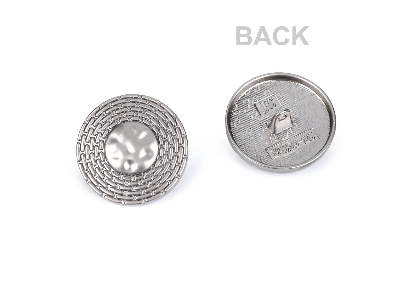 Image of decorative metal button with embossed pattern – 19 mm and 24 mm, in gold or silver – available online at Šarlotes audumi