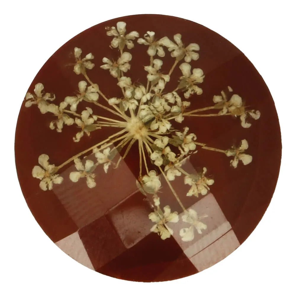 alt
Decorative button with a real dried flower in resin – 33.75 mm brown – available online at Šarlote's Fabrics