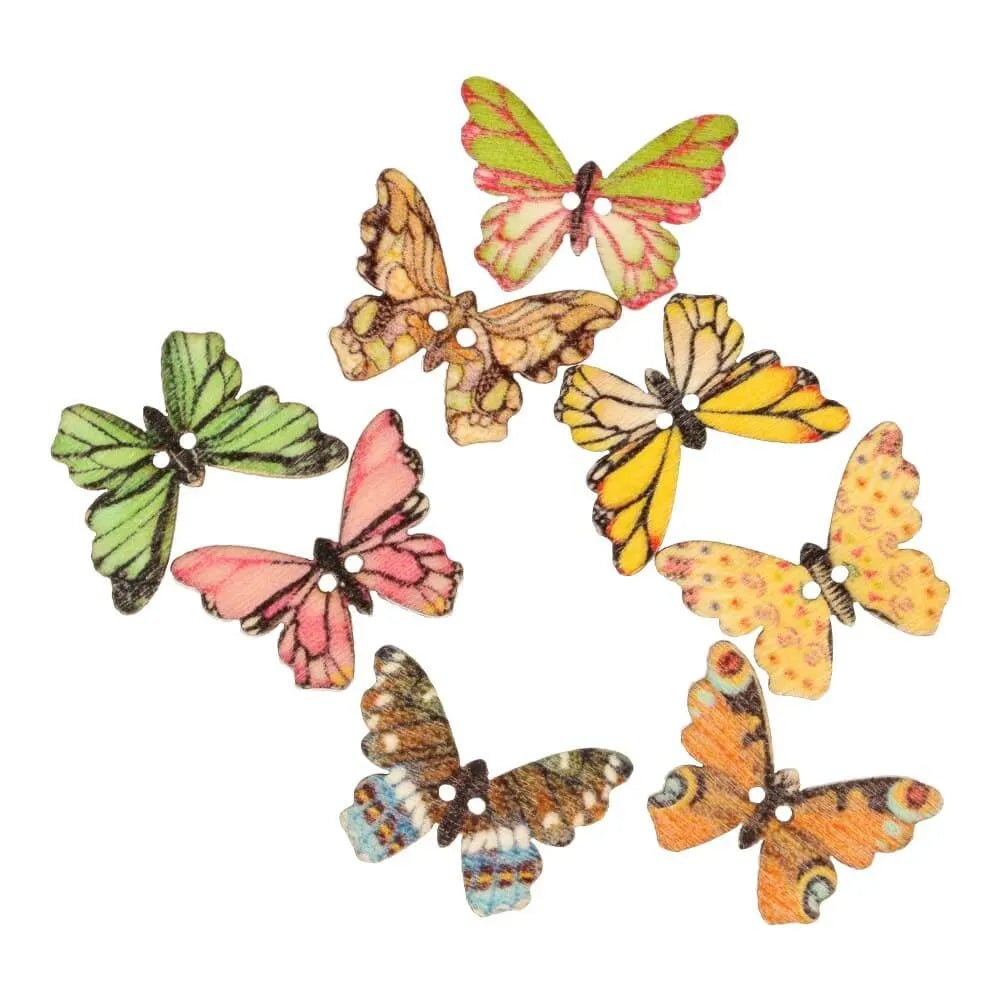 Image with decorative butterfly-shaped button in various colors – 25 mm – available online at Šarlotes audumi