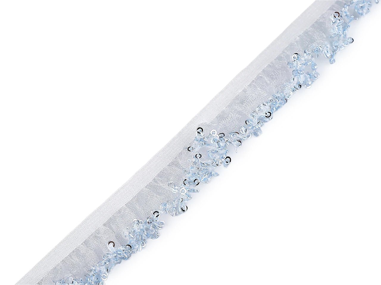 Image of decorative ruffled elastic lace with sequins 20 mm – available online at Šarlotes audumi