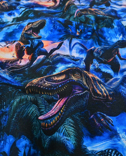 Puuvillajersey, dinosauruskuvio tummansinisellä
