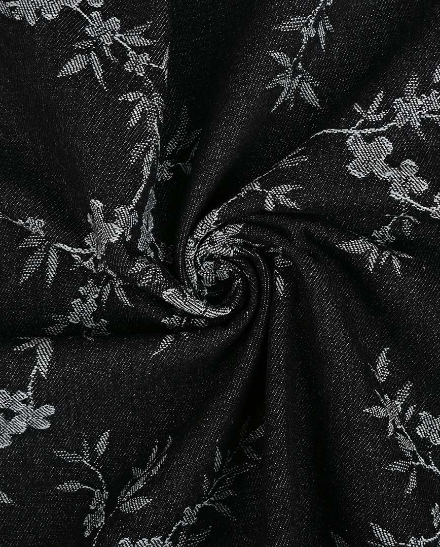 Black floral jacquard denim fabric