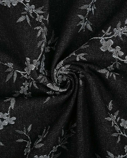 Black floral jacquard denim fabric