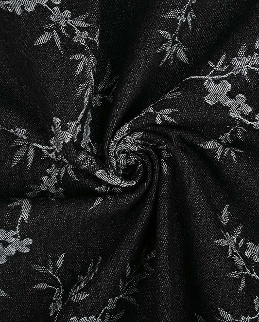 Kukkakuvioinen musta jacquard-farkkukangas