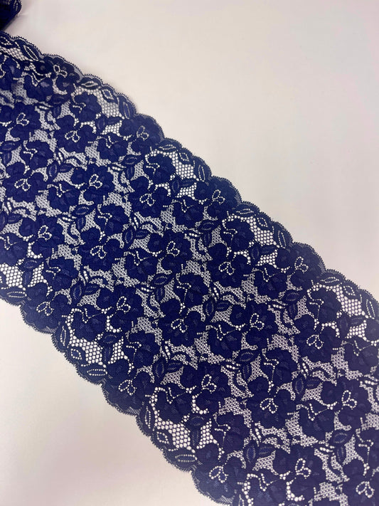 Image with 20 cm elastic lace - dark blue flowers, available online at Charlotte's Fabrics