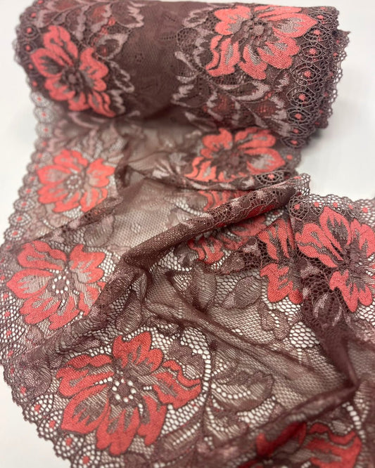 Image of flexible lace, 22 cm, brown with orange flowers – available online at Šarlotes audumi