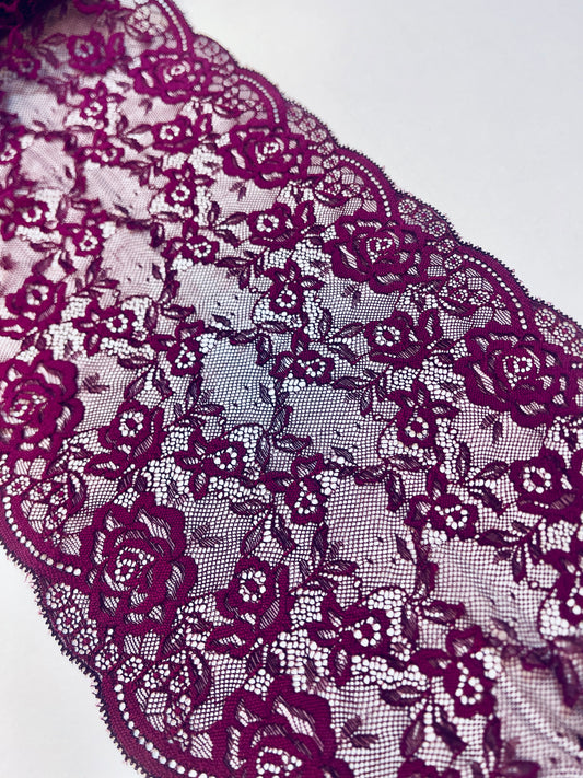Image of 24 cm elastic lace in plum violet – available online at Charlotte Fabrics