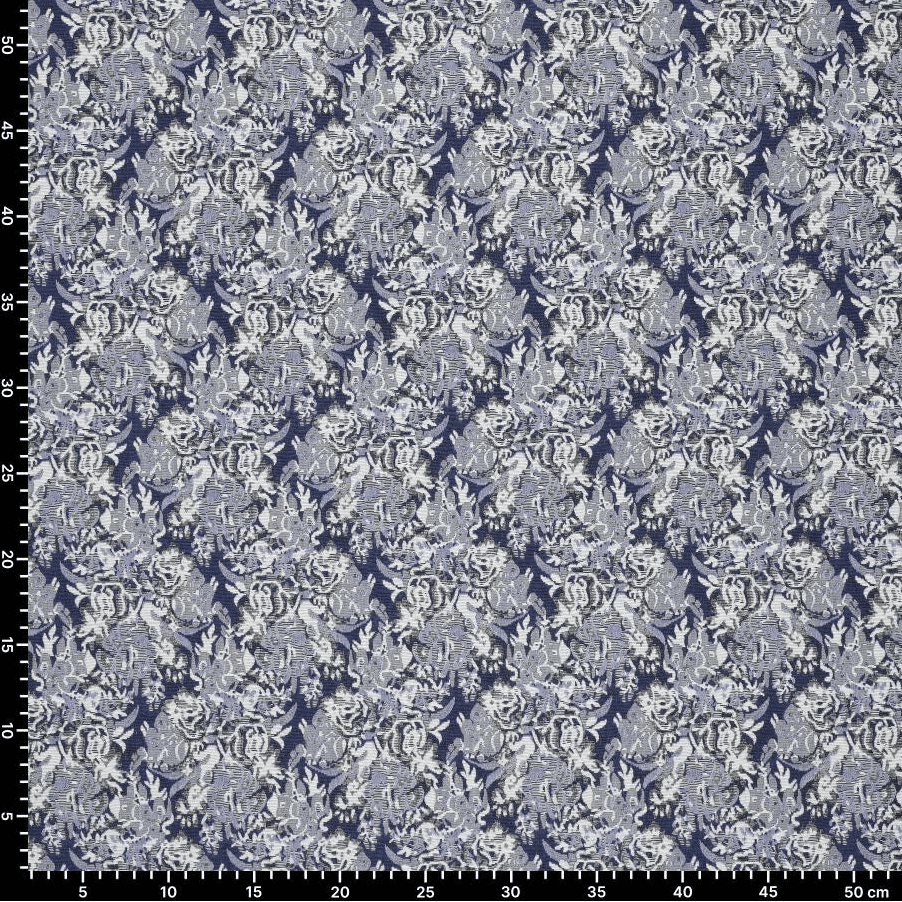 Image d’un tissu jacquard – motif bleu élégant 260 g/m² – disponible chez Šarlotes audumi