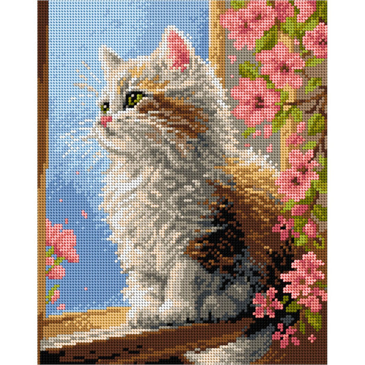 Kuva: MALVINA-kirjontapaketti – Kissa ikkunalla, 24 × 30 cm – saatavilla verkossa Šarlotes audumi