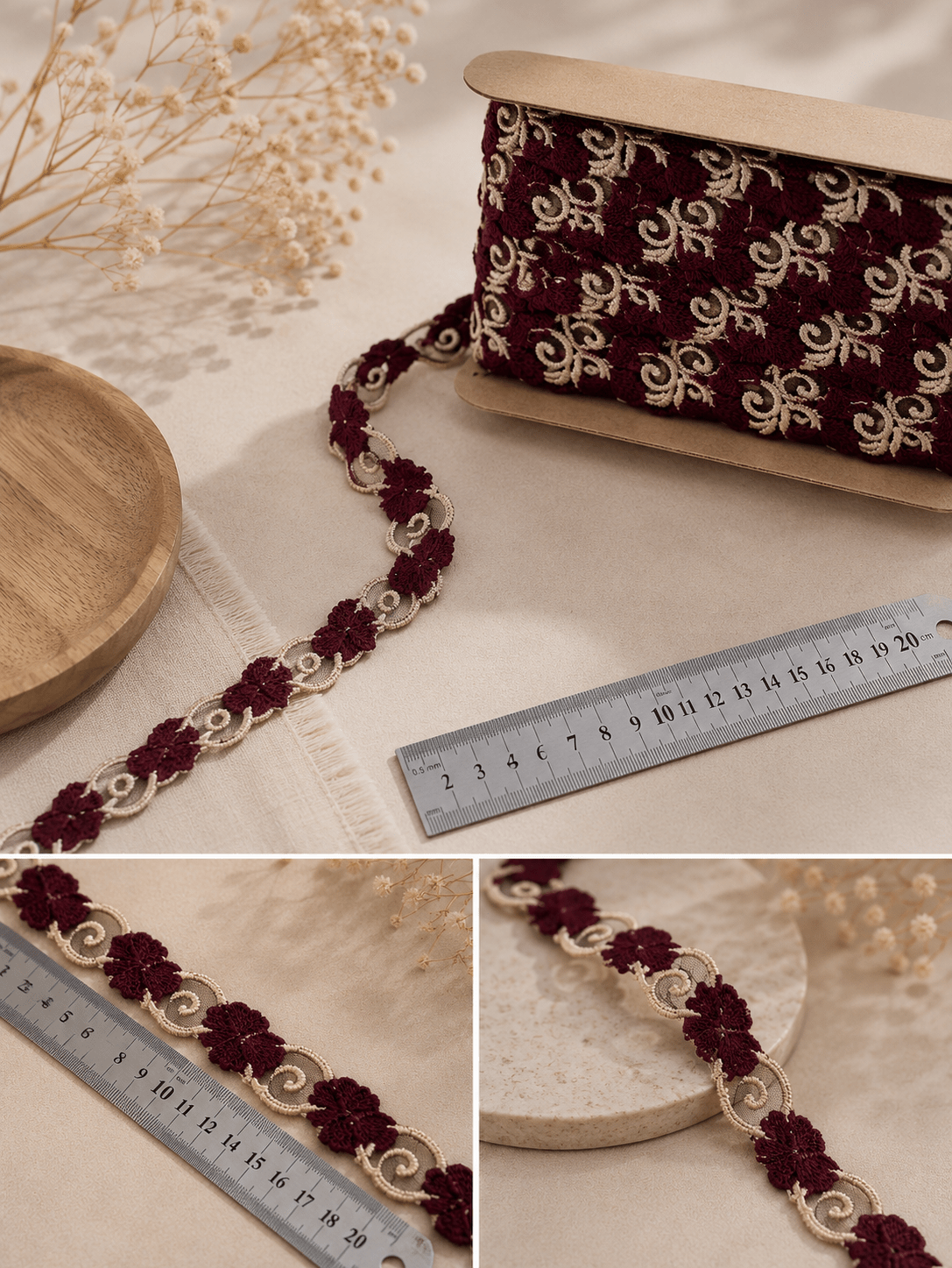 ემბroidered lace ribbon 1.2 cm - burgundy - available at Charlotte's Fabrics