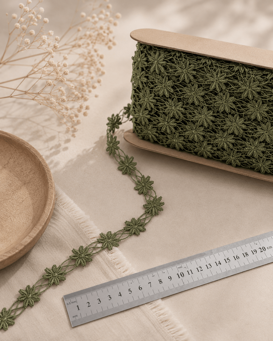 Image with embroidered lace ribbon 1.2 cm - green leaves – available at Šarlotes audumi