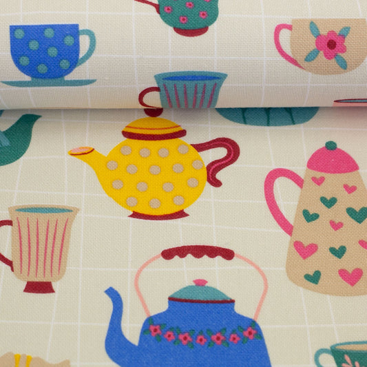 Image of canvas-fabric-colored teapots and cups – available online at Charlotte's Fabrics