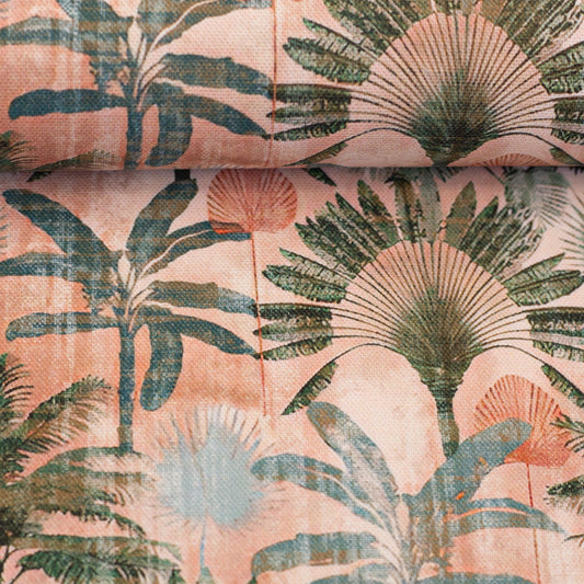 Image of canvas fabric with palm leaf pattern in green and apricot tones 210 g/m² – available at Šarlotes audumi