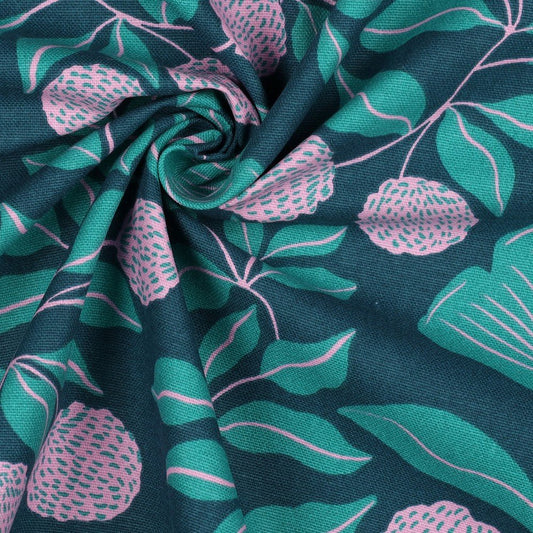 canvas fabric - pink and green leaf motif 225 g/m²
