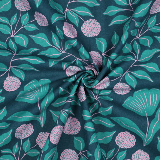 Canvas fabric - pink and green leaf pattern 225 g/m²