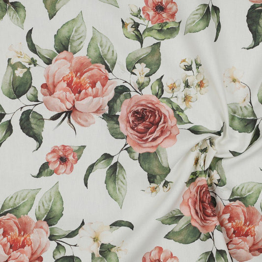 Canvas fabric - roses on a white background 225 g/m²