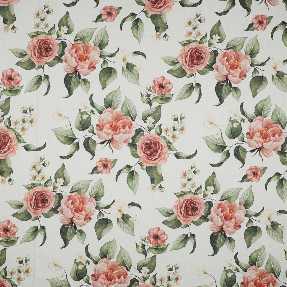 Tissu canvas - roses sur fond blanc 225 g/m²