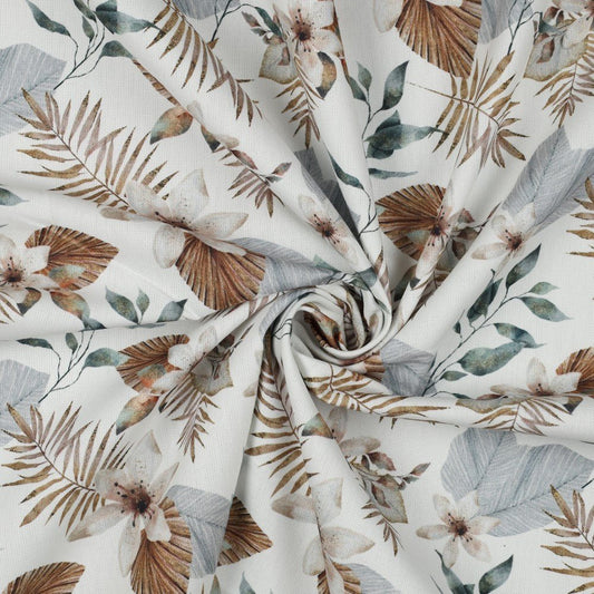 Canvas fabric with tropical leaves on a white background 190 g/m²