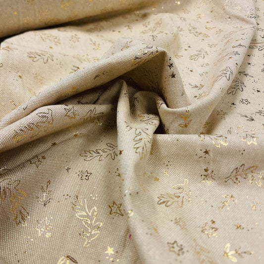 Image with canvas fabric - gold leaves on a light background 175 g/m² – available at Šarlotes audumi
