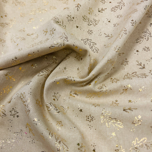 Image of canvas fabric - gold leaves on a light background 175 g/m² – available at Šarlotes audumi