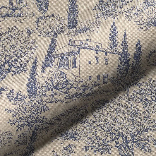 Image with canvas fabric - a blue Provence landscape on a linen-toned background 200 g/m² – available at Šarlotes audumi