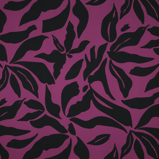 Image of dress fabric with elastane - multicolored pattern on a purple background 80 g/m² – available at Šarlotes audumi